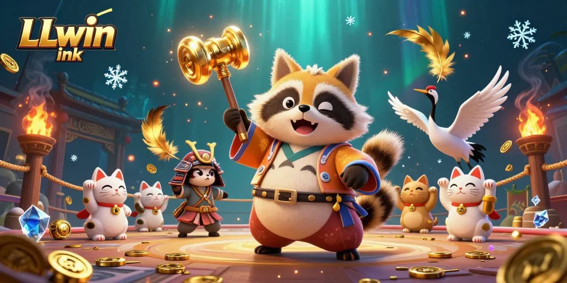 Bet on the vibrant LLwin ink gaming scene featuring a cheerful tanuki and luck symbols!