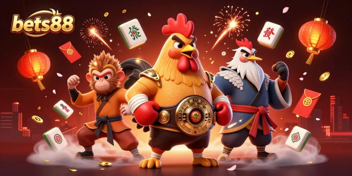 Experience excitement at bets88 with a dynamic 3D illustrated scene featuring fierce characters and vibrant casino elements.