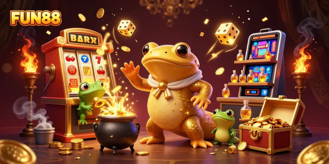 Experience FUN88 with immersive online gaming visuals featuring dynamic slot machines and golden treasures.