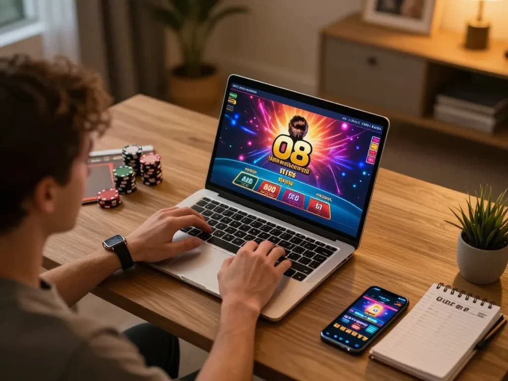 Engaging in online gambling with O8 hair branding displayed on laptop screen, focusing on gameplay.