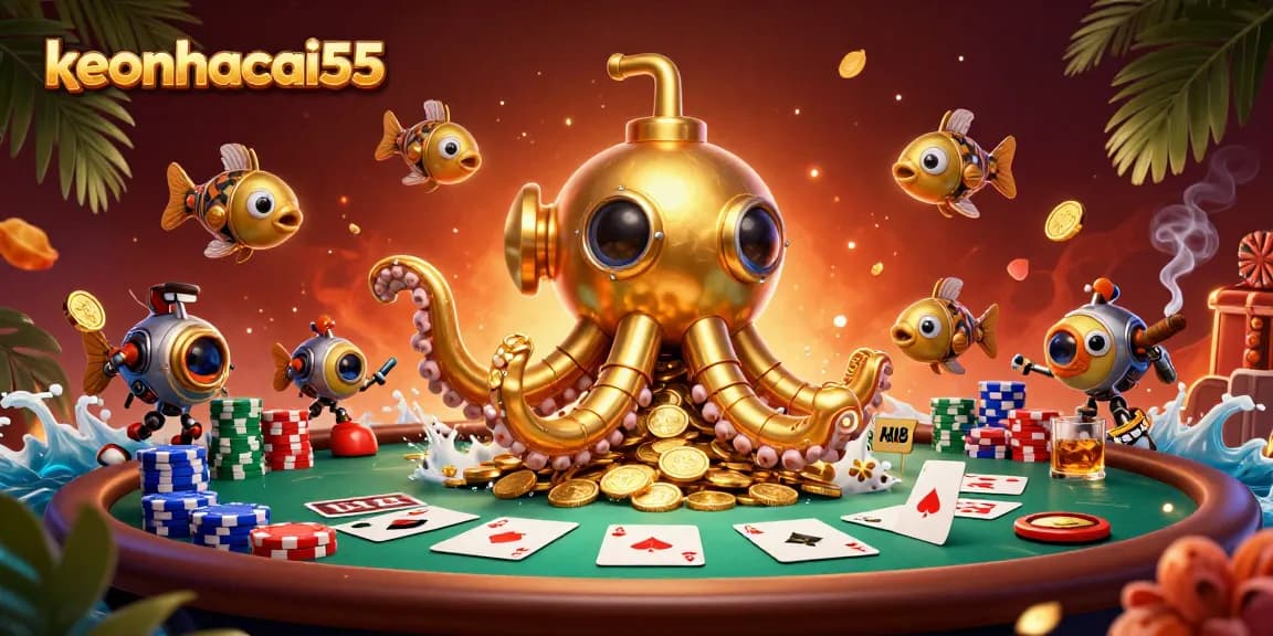 Experience the thrill of keonhacai55 with a vibrant casino scene featuring a golden kraken submarine.