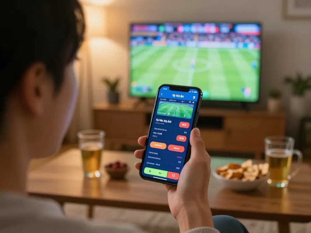 Person placing bets using tỷ lệ kèo nhà cái on smartphone, creating a focused sports betting atmosphere.