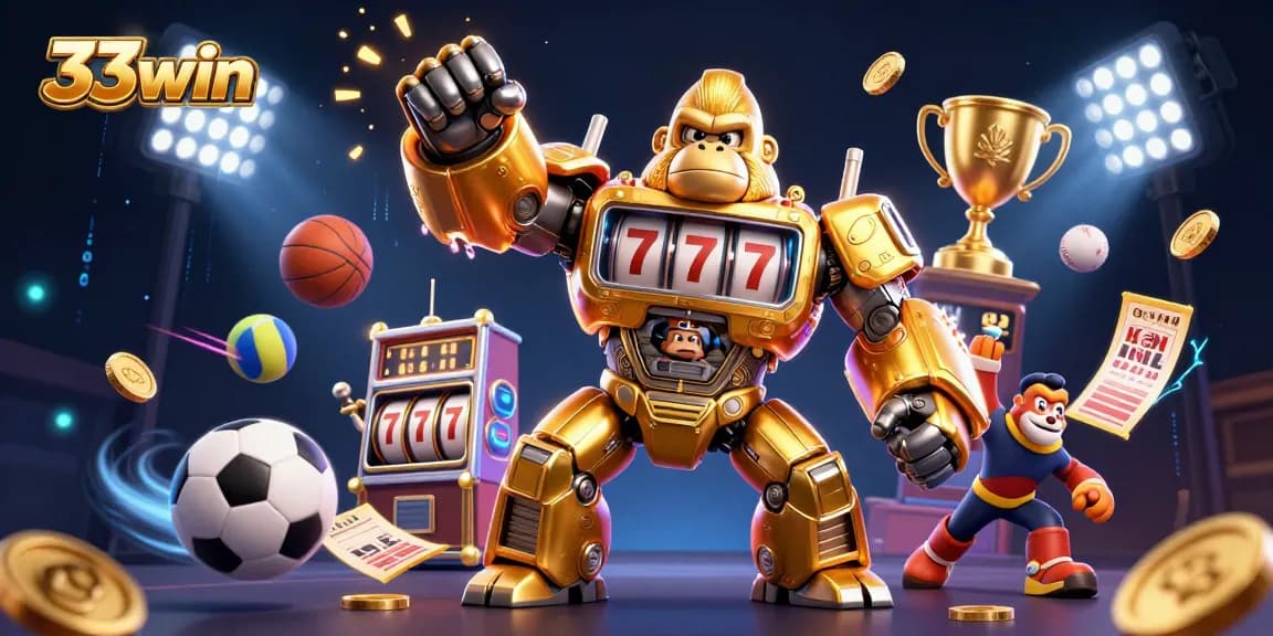 33win's dynamic gambling scene showcasing a golden mech and sports elements in action