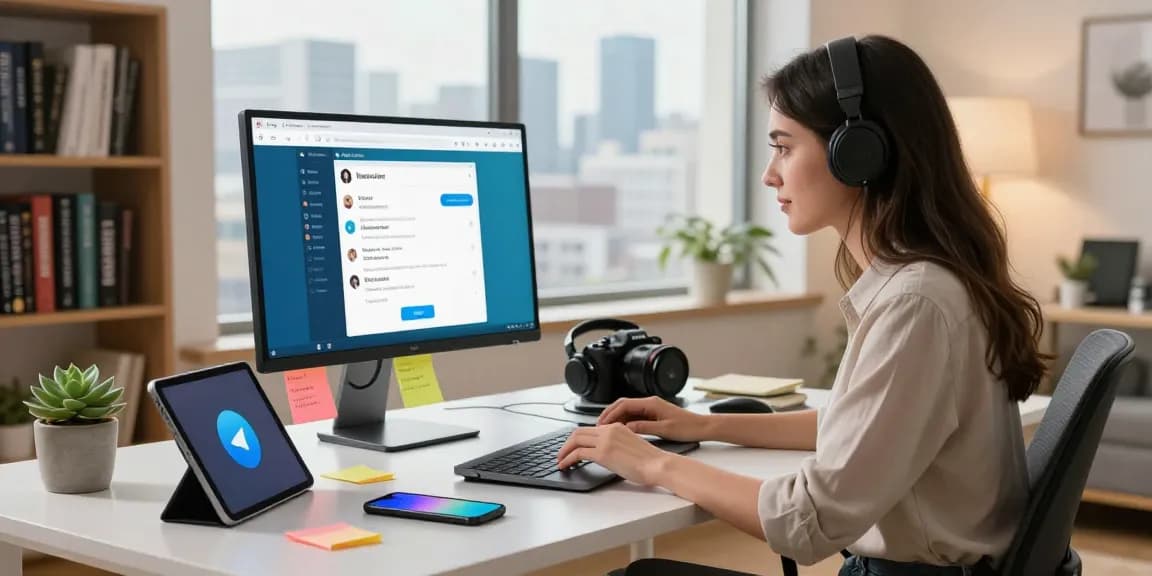 Young professional using Telegram Web in a modern home office setup with tech gadgets.