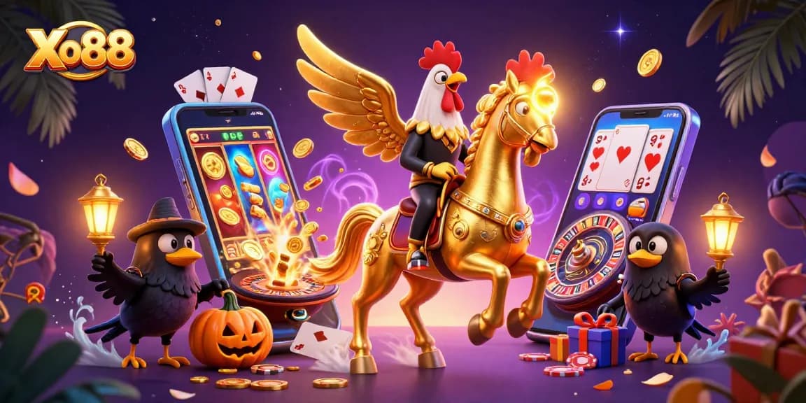 Xo88 features a glowing golden rooster and its spectral horse in a vibrant casino setting, engaging players with dynamic slot gameplay.
