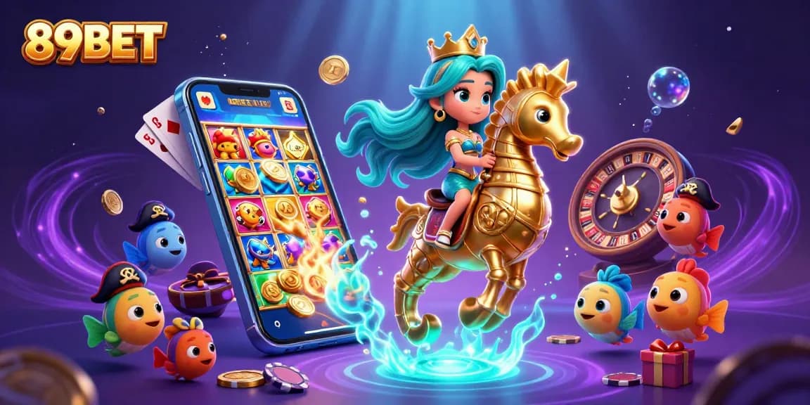Experience the magic of 89BET with a vibrant underwater casino scene featuring colorful mermaids and slot games.