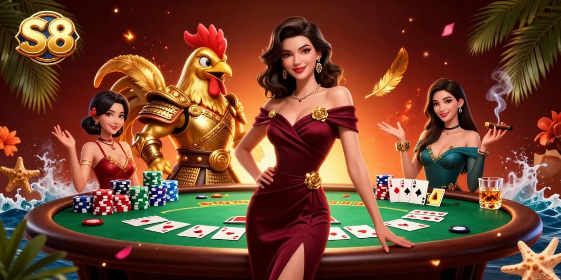 Join the action with S8 at a vibrant poker table featuring dynamic characters and rich casino elements.