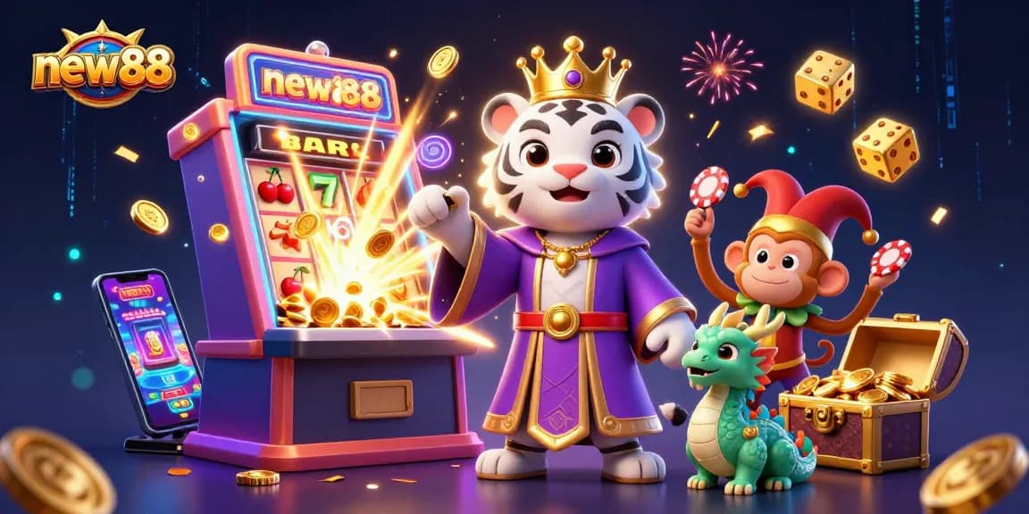 Win big with new88 at a vibrant online casino featuring lively characters and dynamic game elements.