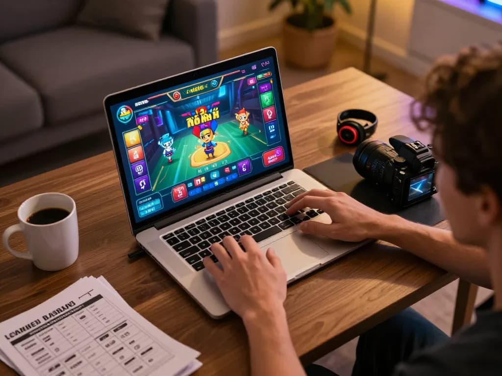 Engaging in nổ hũ đổi thưởng on a laptop, showcasing vibrant gaming graphics and cozy atmosphere.