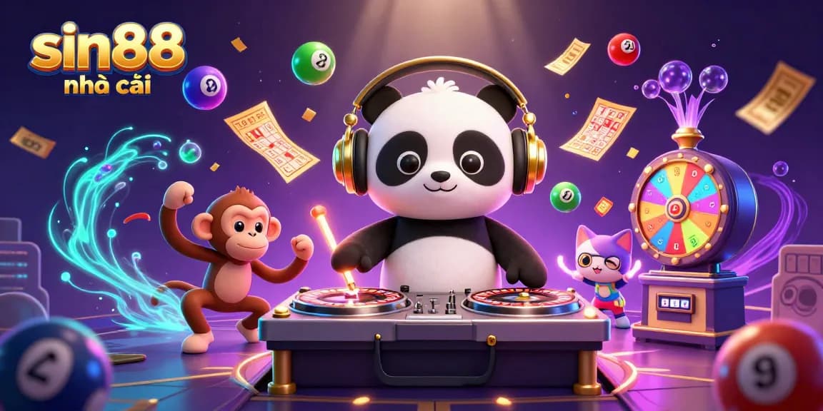 Experience excitement with sin88 nhà cái featuring DJ panda, 3D characters, and vibrant gambling elements.
