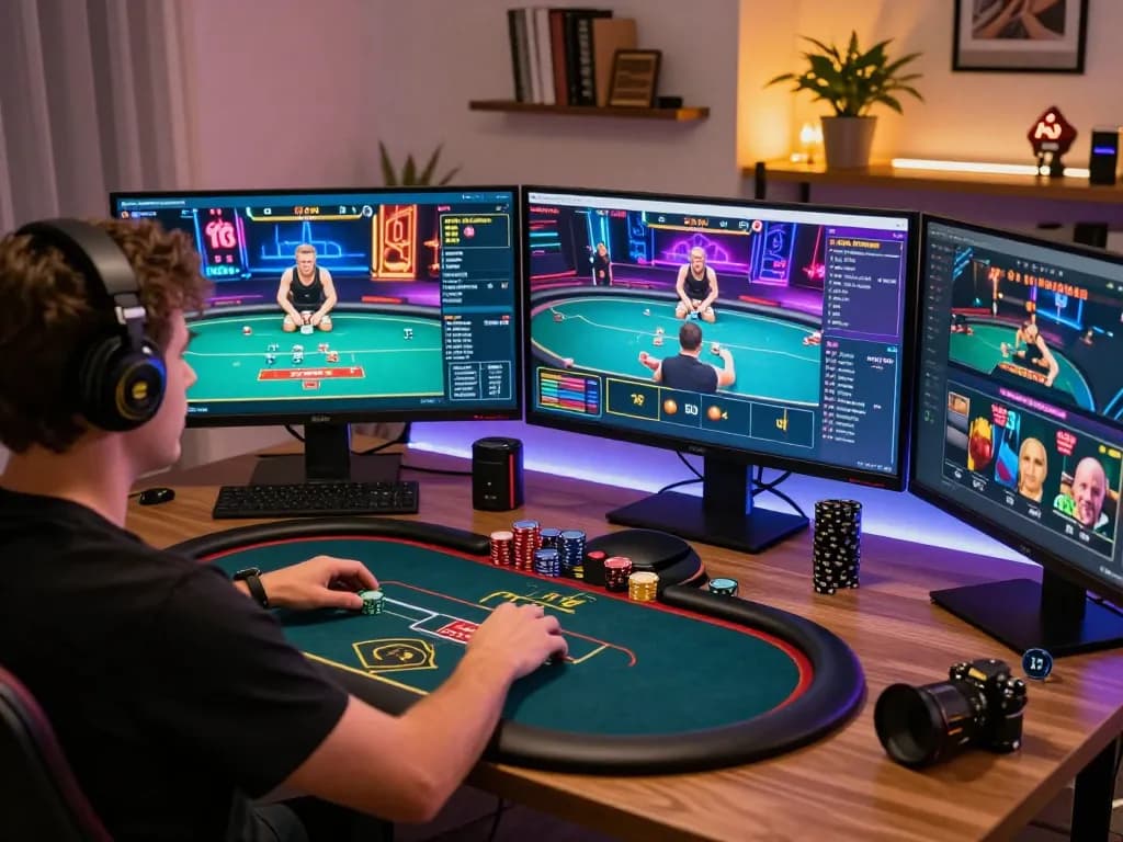 RR88 online poker action displayed on multiple screens in a professional home gaming setup.