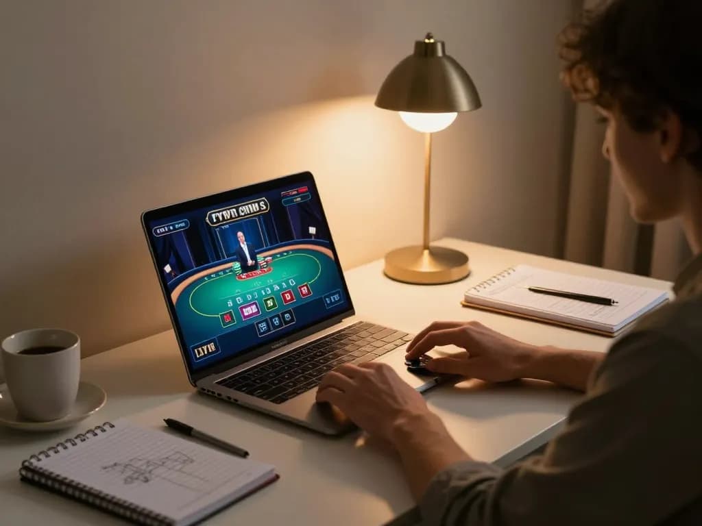 Engaged user playing live dealer blackjack on mm88 platform with strategic notes in cozy setting