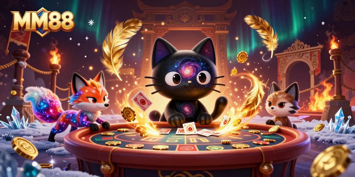 Gamblers enjoy MM88 with a cosmic twist, featuring a black hole cat and colorful nebula fox.