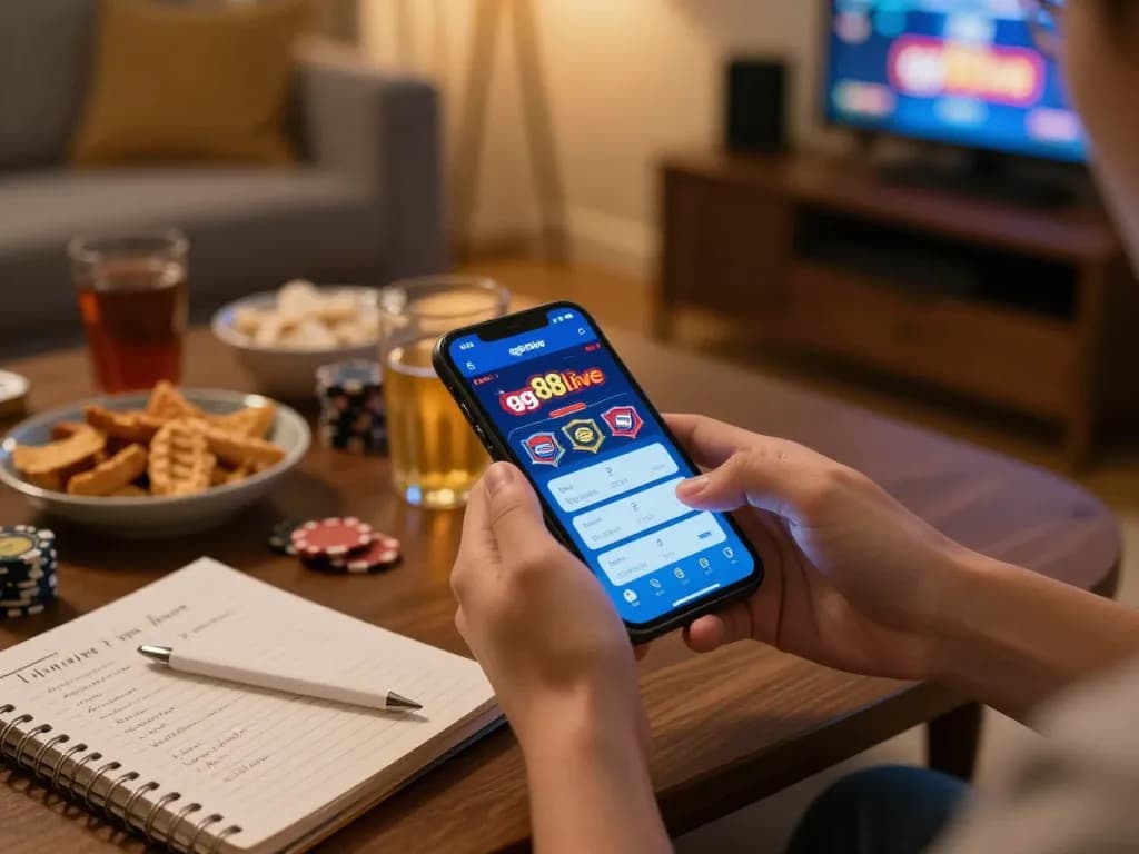 Engaging user interaction with the gg88live betting app in a cozy home atmosphere.
