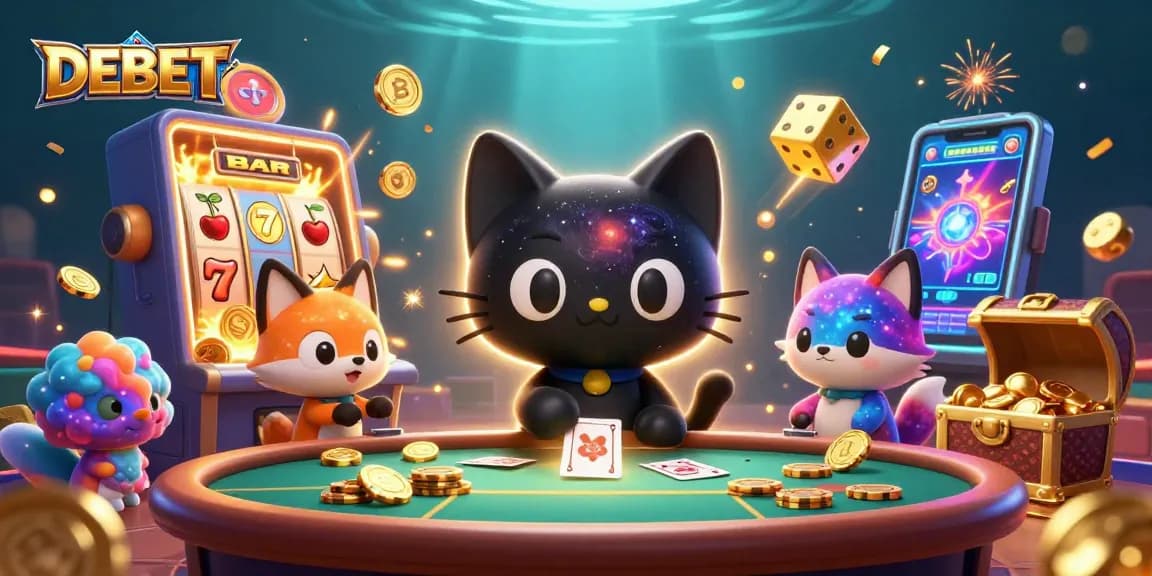 Play exciting casino games with DEBET, featuring a cosmic casino scene with vibrant characters and jackpot elements.
