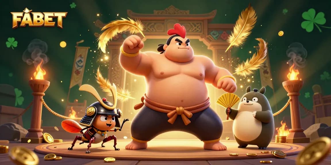 Experience thrilling gameplay at FABET, featuring a powerful sumo rooster, a fierce cricket, and a dynamic tanuki announcer.