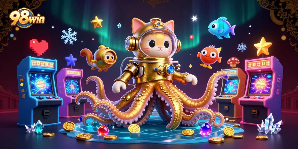 Experience thrilling gameplay at 98win featuring a kraken and diving cat in a vibrant casino scene.