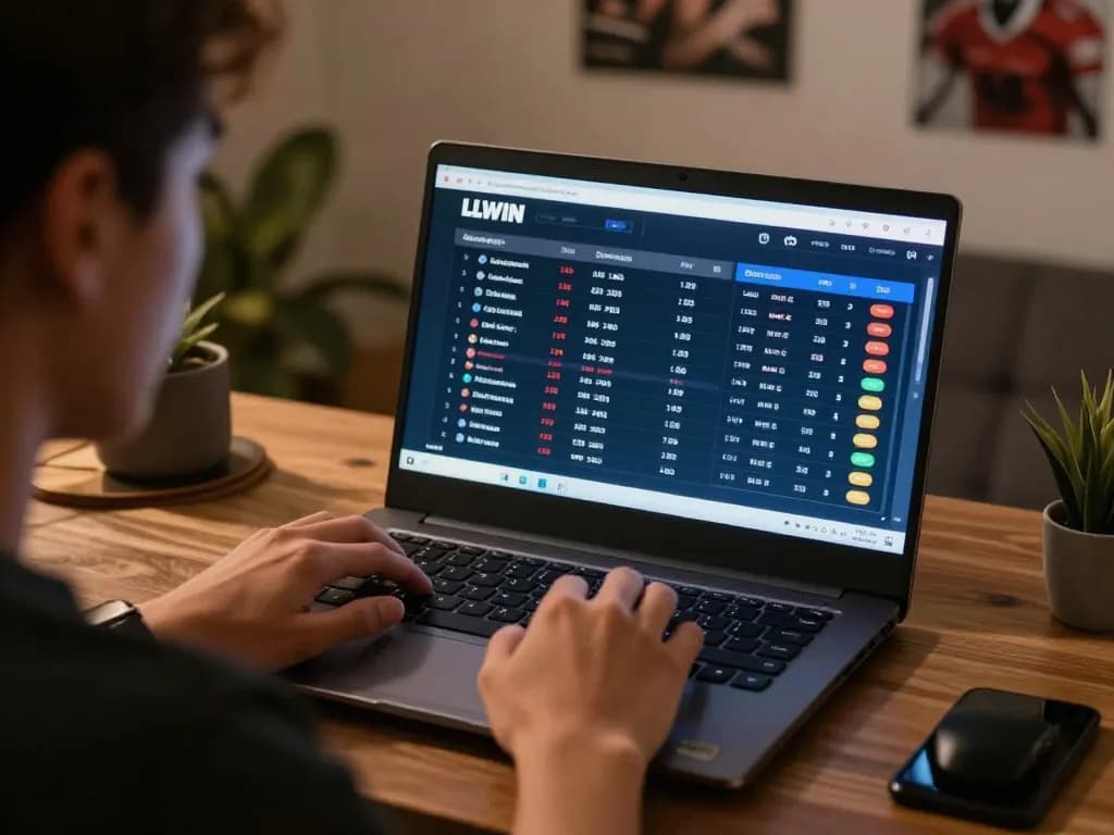 Engaged player using LLWIN for online sports betting, analyzing match statistics.