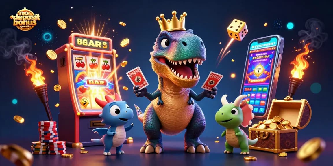 Experience the excitement of no deposit bonus Australia with a fun 3D casino scene featuring vibrant characters and games
