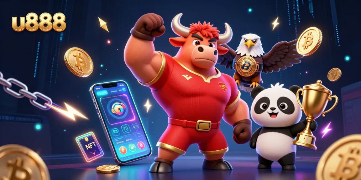 Experience excitement with u888's vibrant casino scene featuring winning characters and crypto elements.