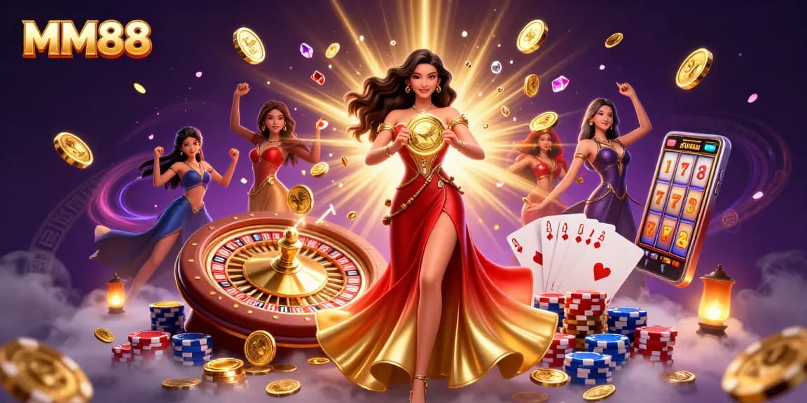 Experience the excitement of MM88 casino with stunning visuals of a winning moment and games.