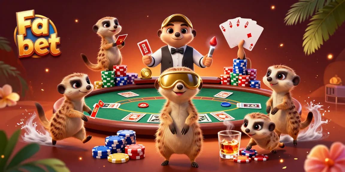 Watch the meerkats operate Fa bet's dynamic poker scene with colorful chips and a lively atmosphere.
