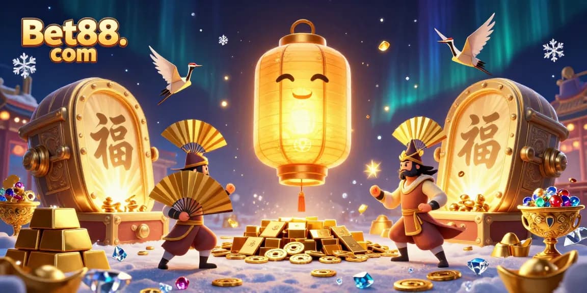 Spin and win at Bet88. com with a vibrant 3D illustration of a magical casino scene featuring golden lanterns and treasure.