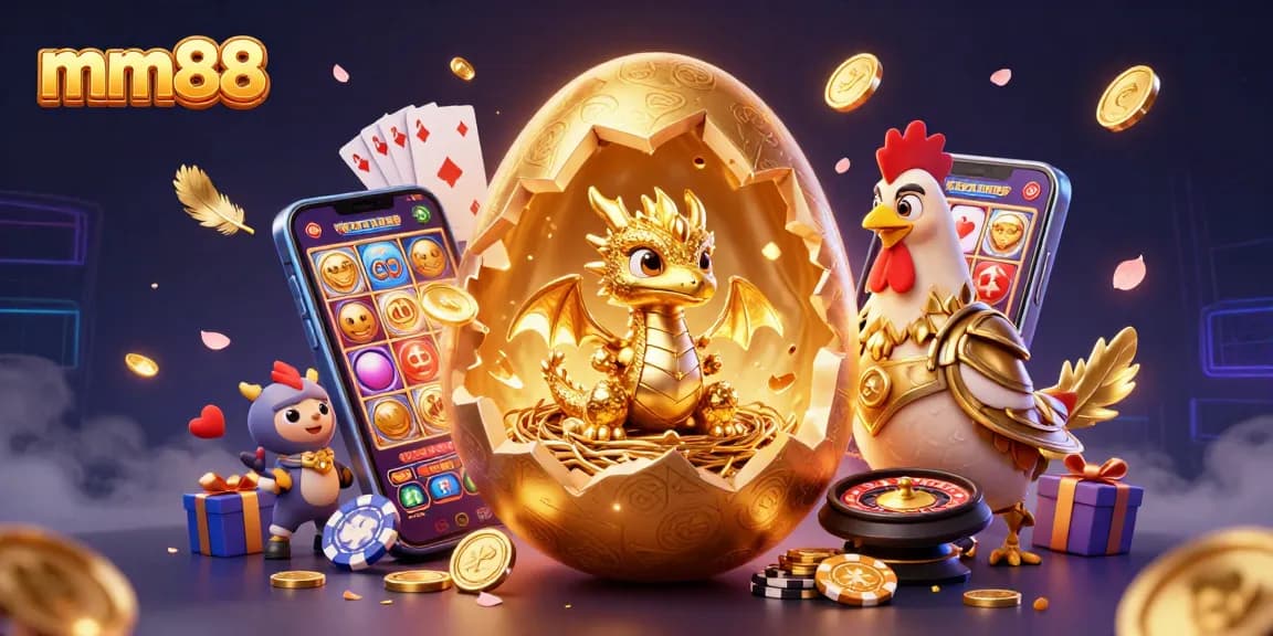 Experience the thrill of mm88 with a gilded baby dragon amidst vibrant casino elements.
