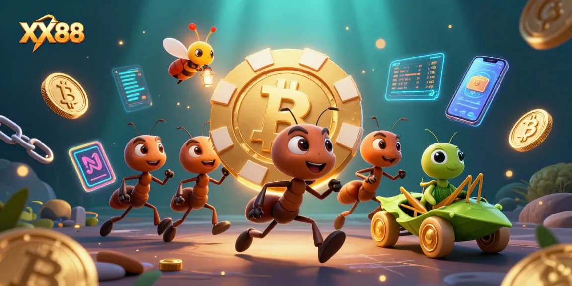 Experience an exhilarating XX88 gaming adventure with ants carrying a giant poker chip in a vibrant casino heist scene.