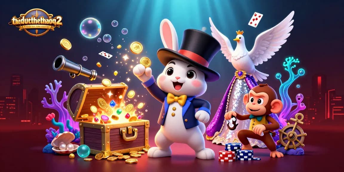 Theducthethaoq2 showcases a thrilling casino scene featuring a magician rabbit, dove, and monkey amid floating poker chips and treasure.