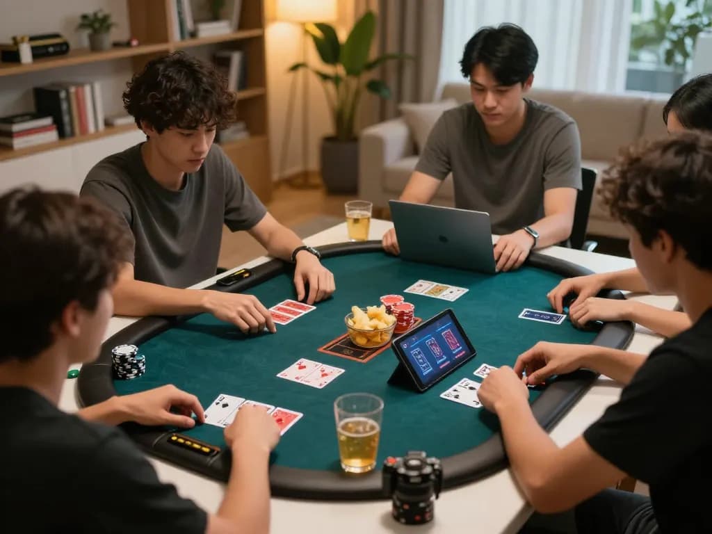 Players enjoying af88 online poker game with virtual cards and snacks in a cozy home setting.