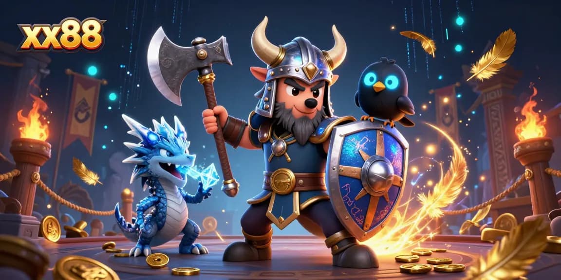 Experience thrilling action at xx88 with a Viking wolf warrior, fierce dragon, and glowing raven in a vibrant casino scene.