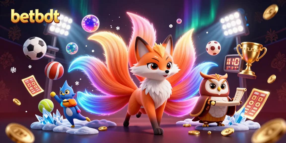 Experience the excitement of betbdt with a vibrant scene of fantasy characters among dynamic sports betting elements.