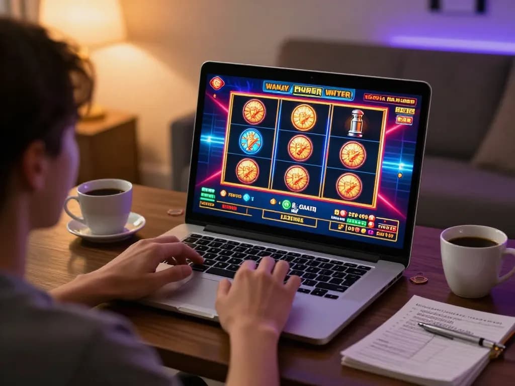 Enjoying online casino games at home with laptop, showcasing casino online sin licencia españa activities