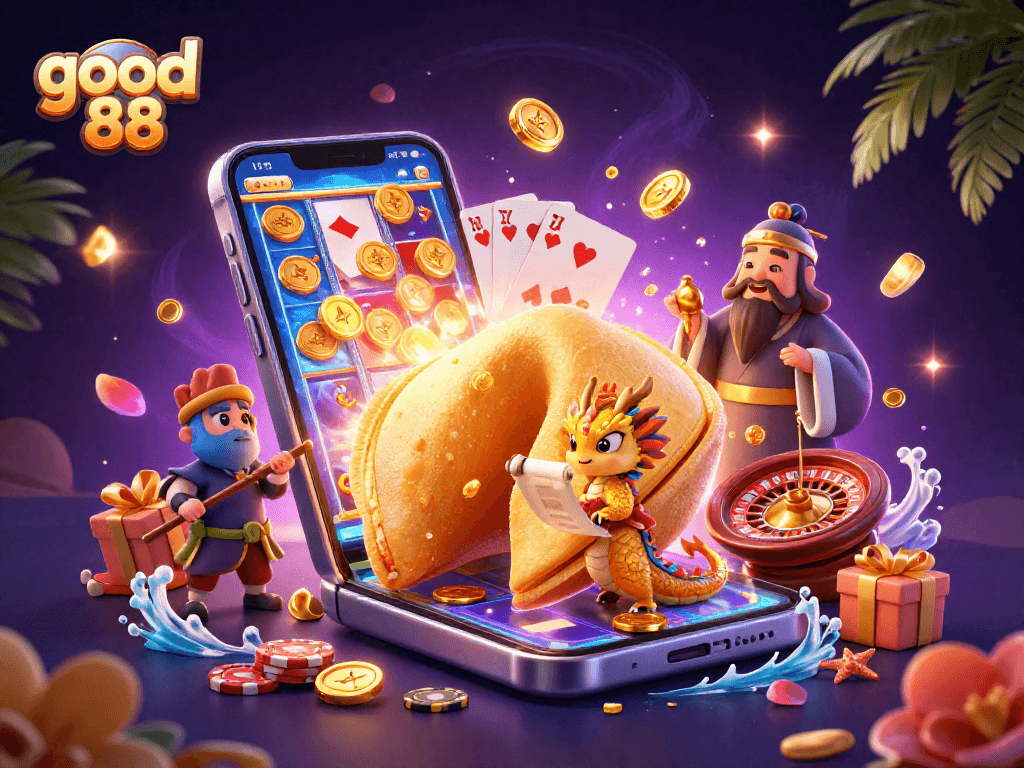 Engage with vibrant slots and golden riches at good 88 with a lively casino-themed scene.