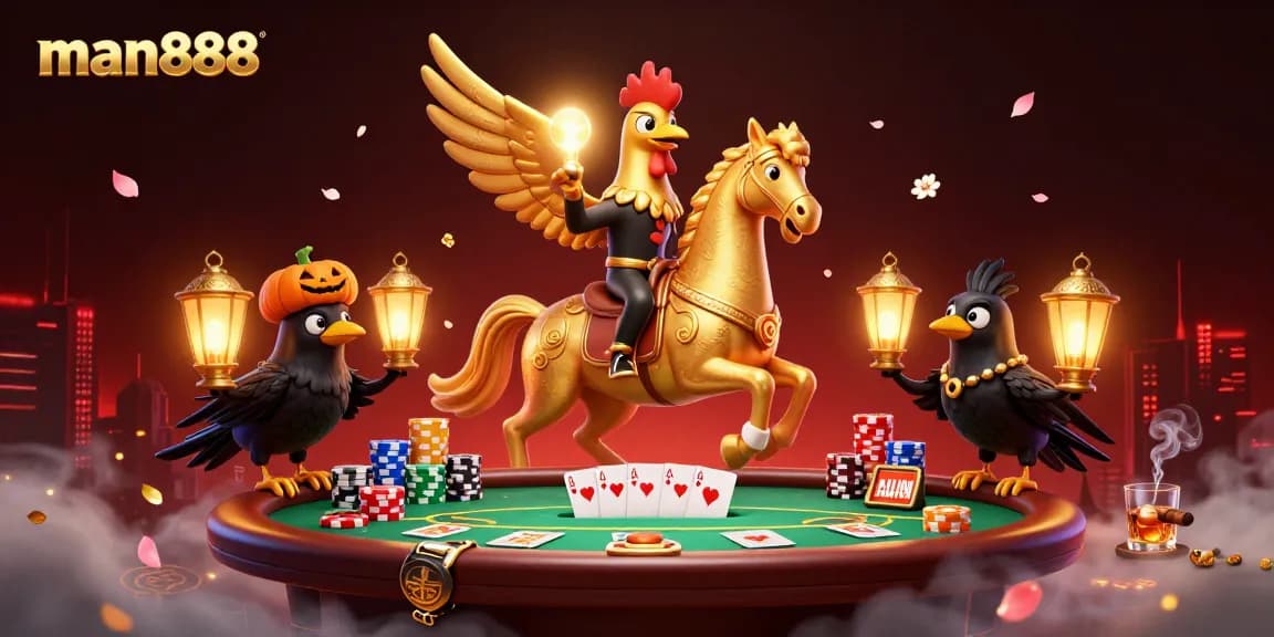 Experience man888 at a thrilling midnight casino with vibrant poker elements and magical characters for immersive gaming.
