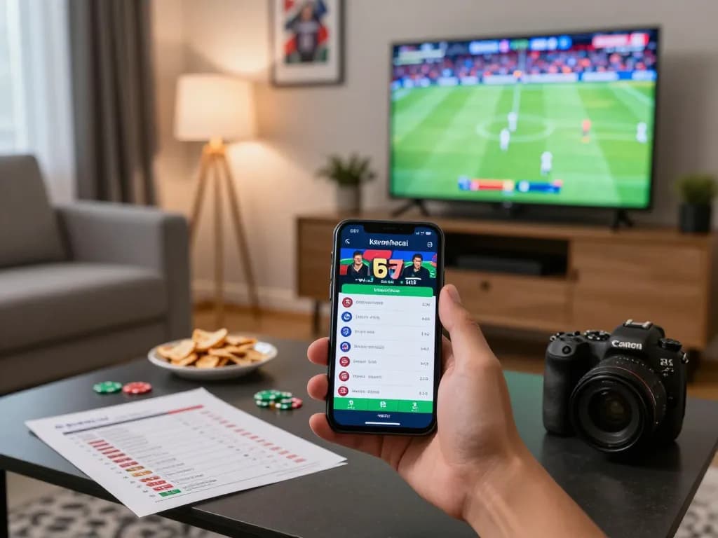 Engaging online sports betting scene with keonhacai app displayed on smartphone, emphasizing excitement and strategy.