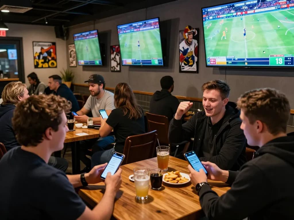 GG88 players engaging in sports betting excitement, with smartphones and screens displaying live events.
