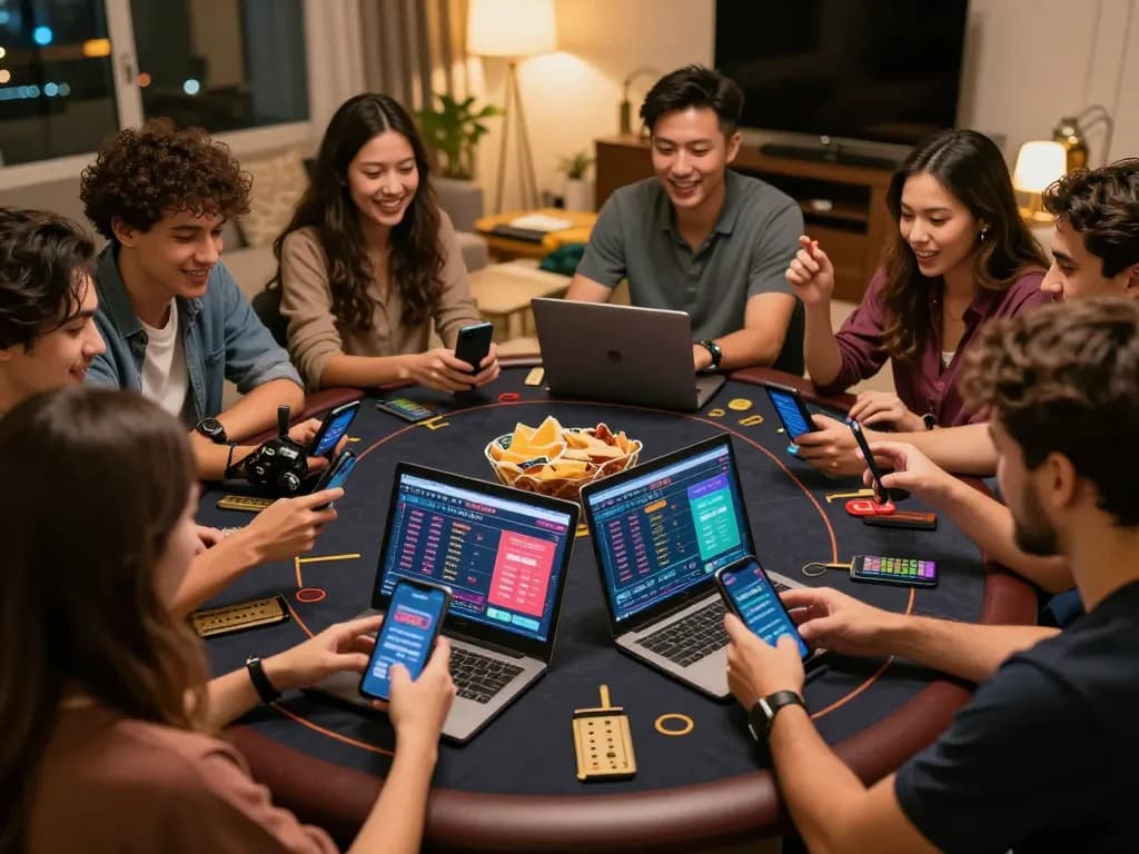 Friends enjoy interactive gaming on gg88 com with laptops and smartphones, showcasing a lively home atmosphere.