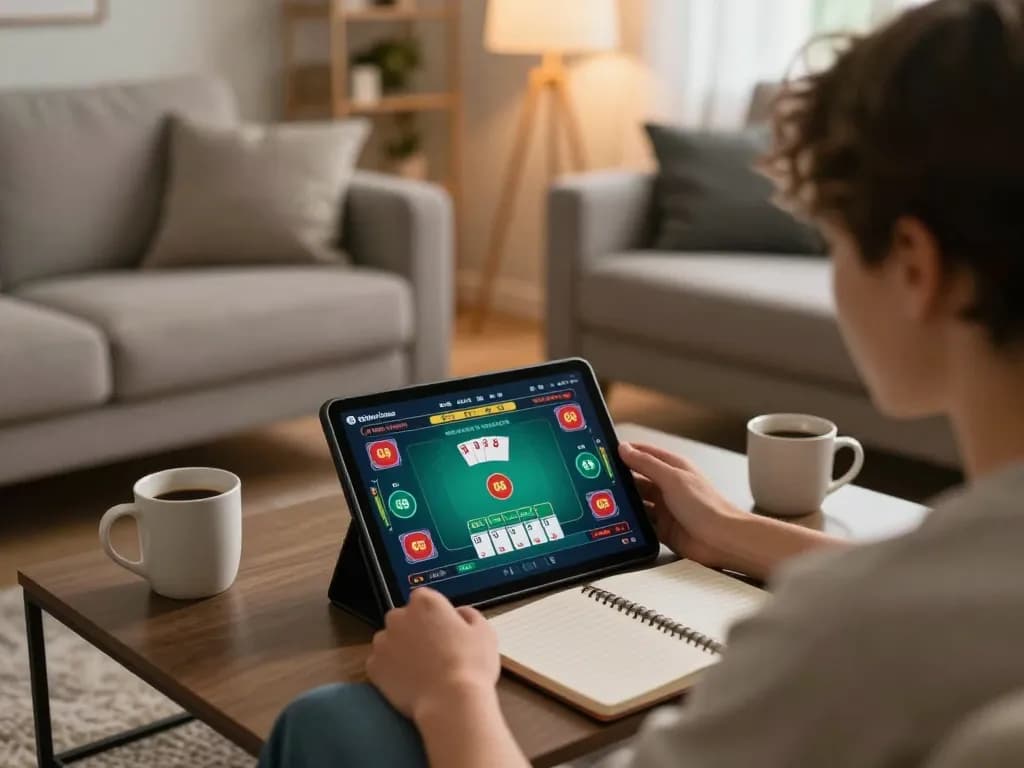 A player enjoys an engaging O8 poker game on a tablet in a cozy home setting, emphasizing responsible gambling.