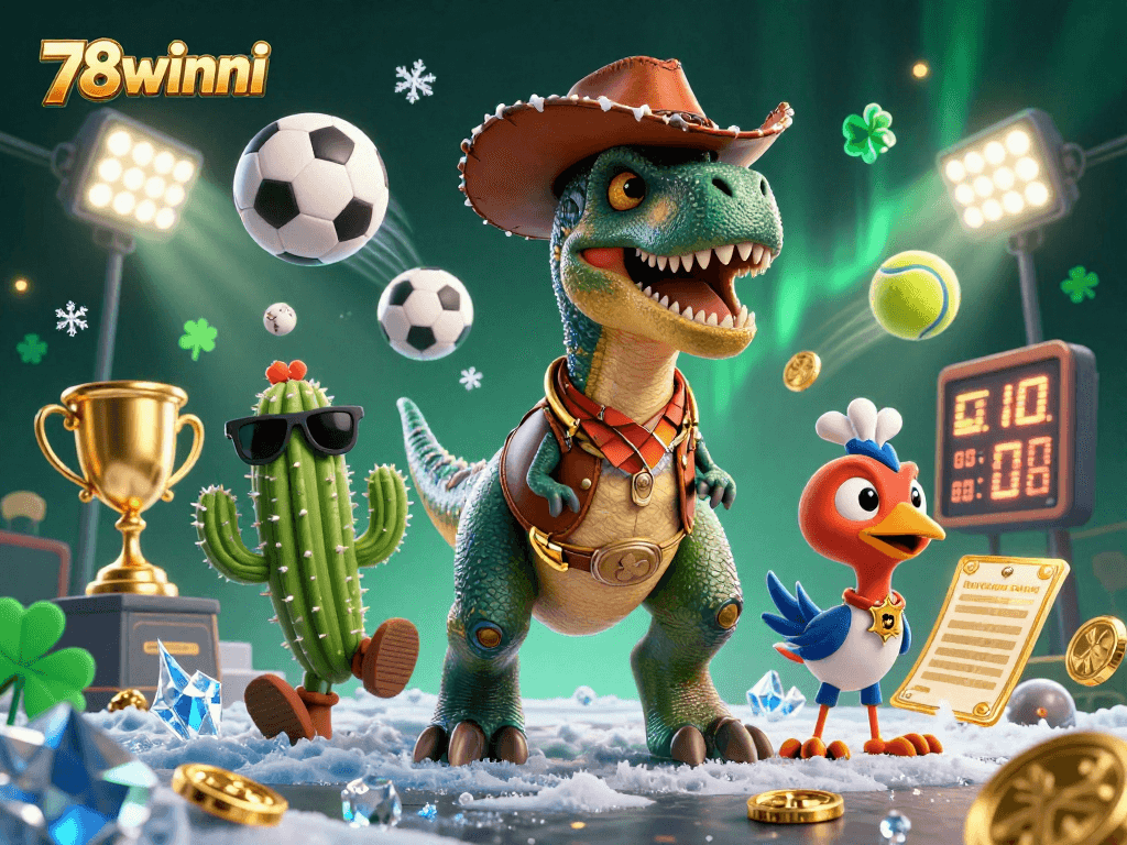 Experience thrilling sports betting with 78winni's dynamic 3D casino illustration featuring exciting game elements.