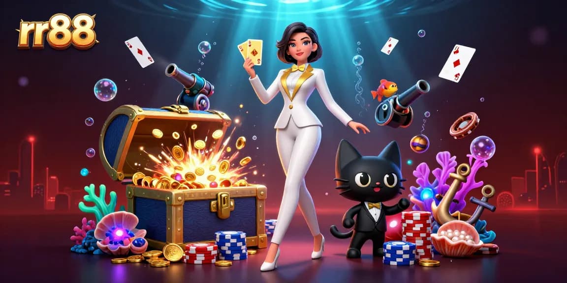 Experience thrilling gaming action at rr88 with a glamorous dealer shuffling golden cards and vibrant casino elements around.