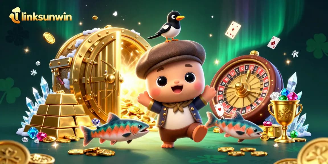 Linksunwin interactive casino scene featuring Nessie, gold treasures, and vibrant roulette elements