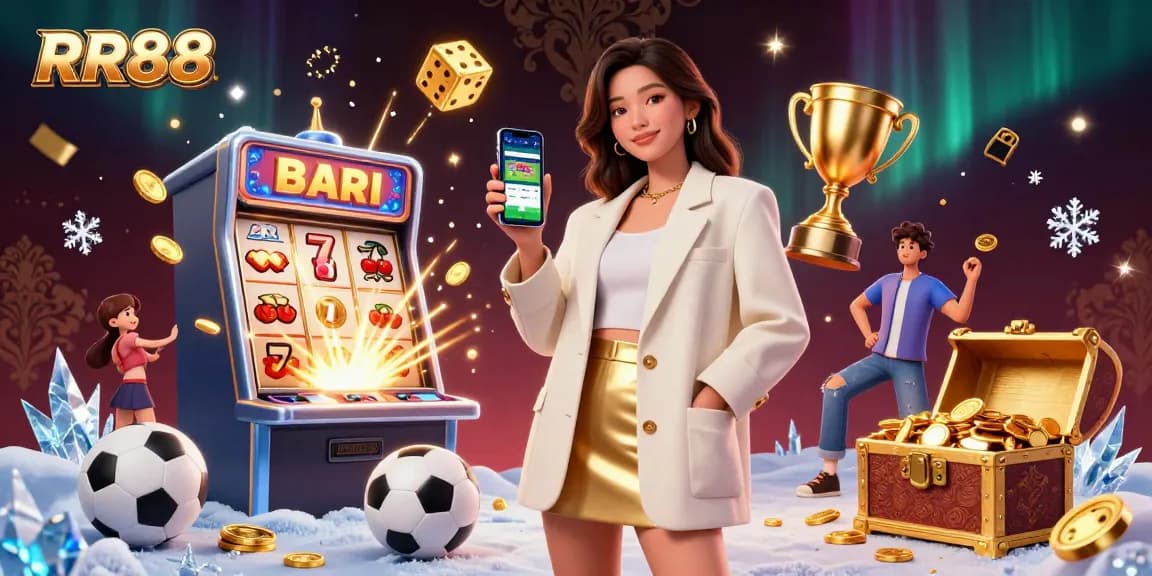 RR88 presents a vibrant casino scene showcasing a friendly Asian woman holding a sports betting app.