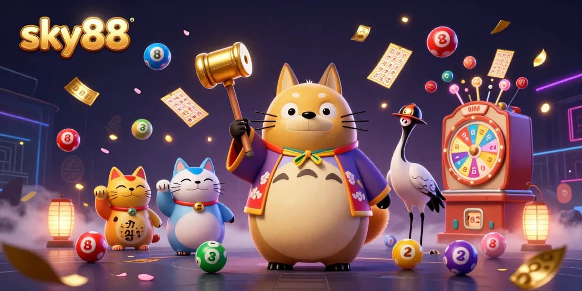 Engage with thrilling sky88 lottery vibes featuring cheerful tanuki and prize elements.