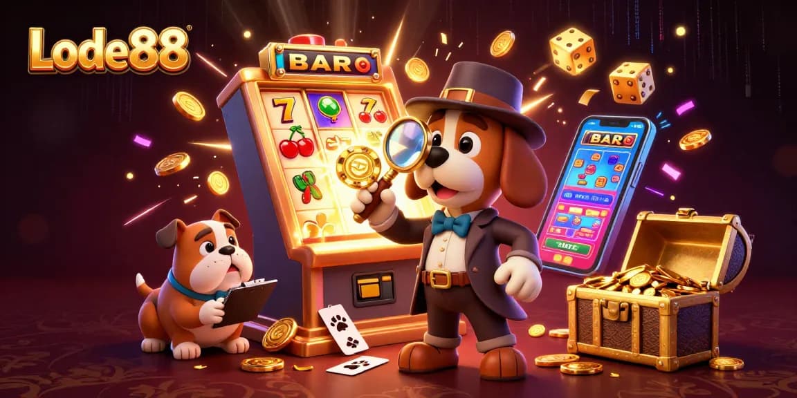 Lode88 engages players with a vibrant scene of fortune and fun at the casino, showcasing detectives and treasure.