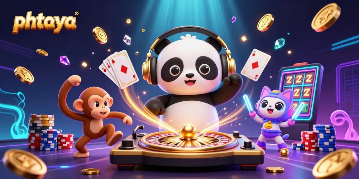 Experience phtaya gaming excitement with DJ panda and vibrant casino action in 3D illustration.