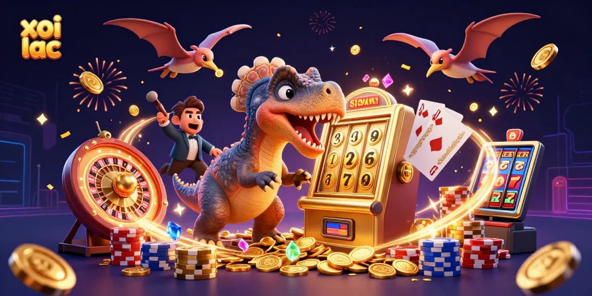 xoi lac features a pachycephalosaurus hitting a slot machine with jackpot coins flying around