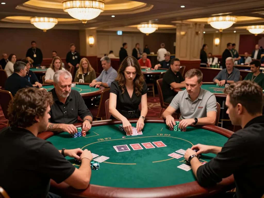 Players strategizing at xx88 poker table in an upscale casino setting.