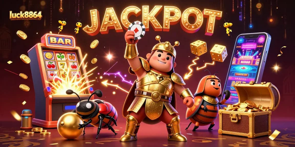 Experience the excitement at luck8864 with a 3D illustration showcasing our jackpot-winning moments and gaming energy.